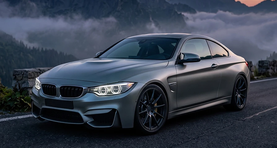 Sivé BMW M4 na horskej ceste pod hmlistými štítmi – cez čelné aj bočné sklá bez fólie jasne vidno do kabíny