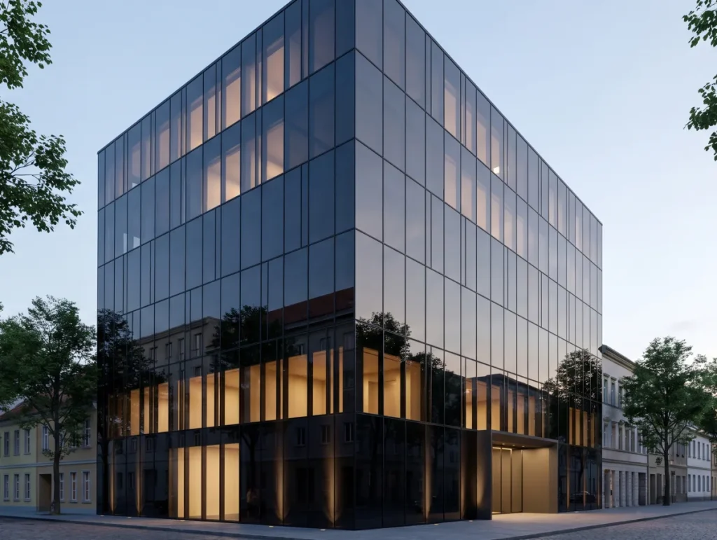 Presklená fasáda modernej administratívnej budovy s architektonickou fóliou za súmraku