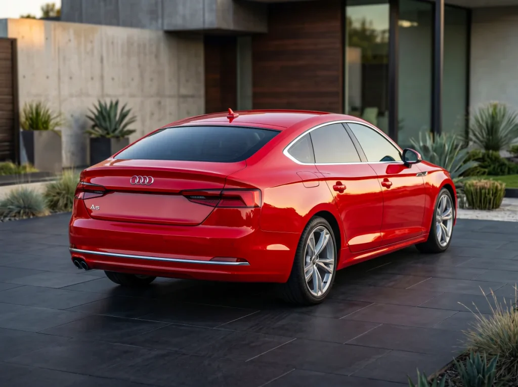 Červené Audi A5 Sportback s tónovanými sklami pred modernou vilou