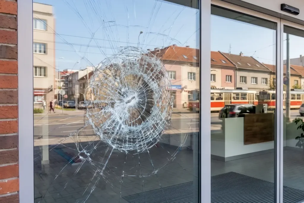 Rozbité sklo výkladu, ktoré po údere drží pohromade vďaka bezpečnostnej fólii
