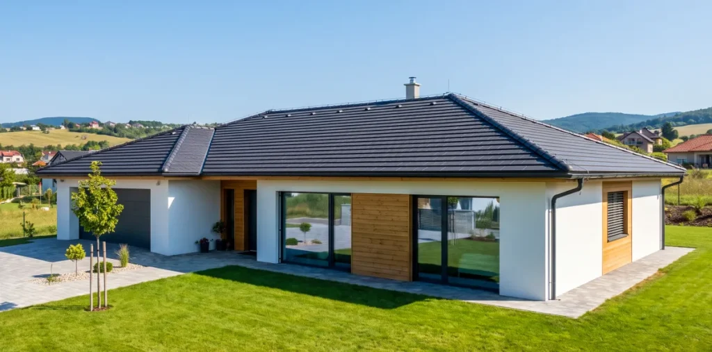 Moderný rodinný dom s veľkými presklenými plochami a energeticky úspornými fóliami na oknách